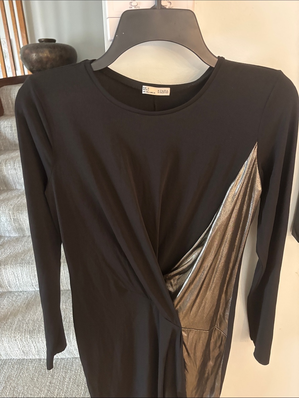 Zara Black Long-Sleeve Dress with Metallic Gold Panel